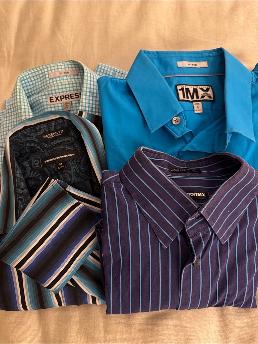 Sz M Slim Cut Express Men’s Blue, Teal, Navy & Aqua Long Sleeve Shirt Set